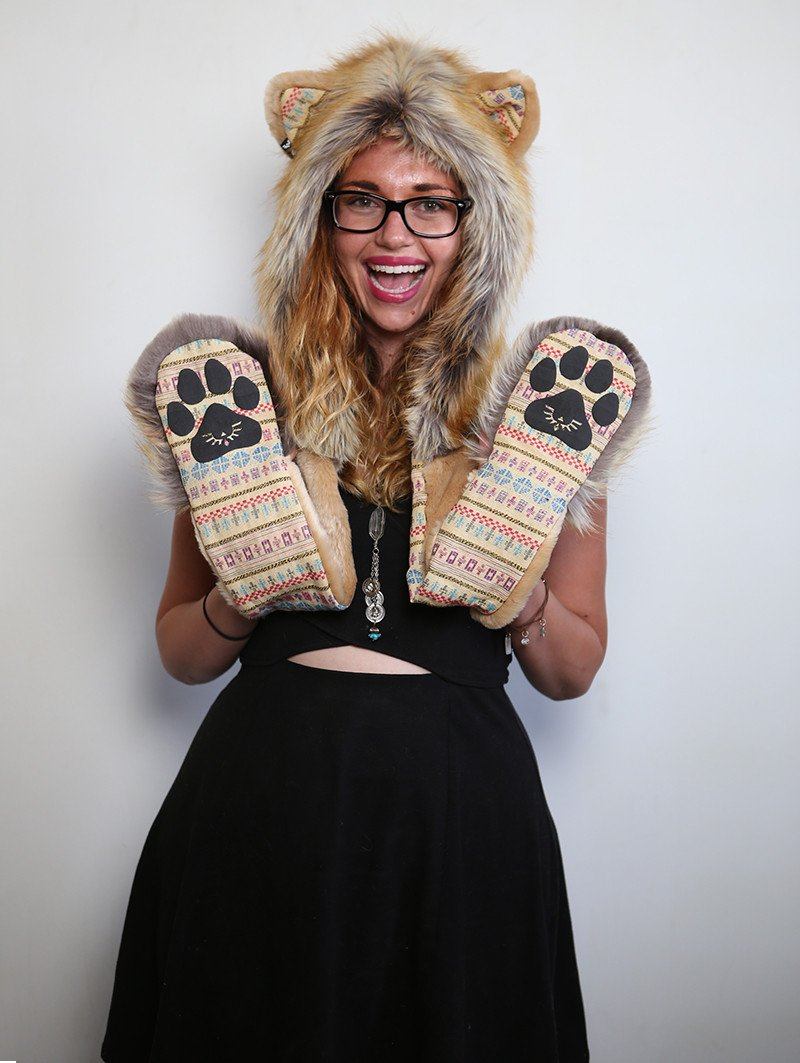 Woman wearing faux fur Cecil The Lion Collectors Edition SpiritHood, front view