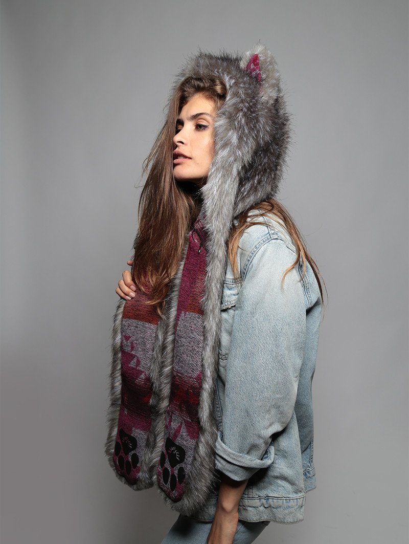 Woman wearing faux fur Charcoal Fox Italy SpiritHood, side view