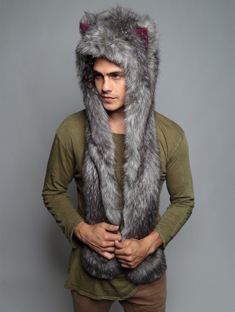 Man wearing faux fur Charcoal Fox Italy SpiritHood, front view 4