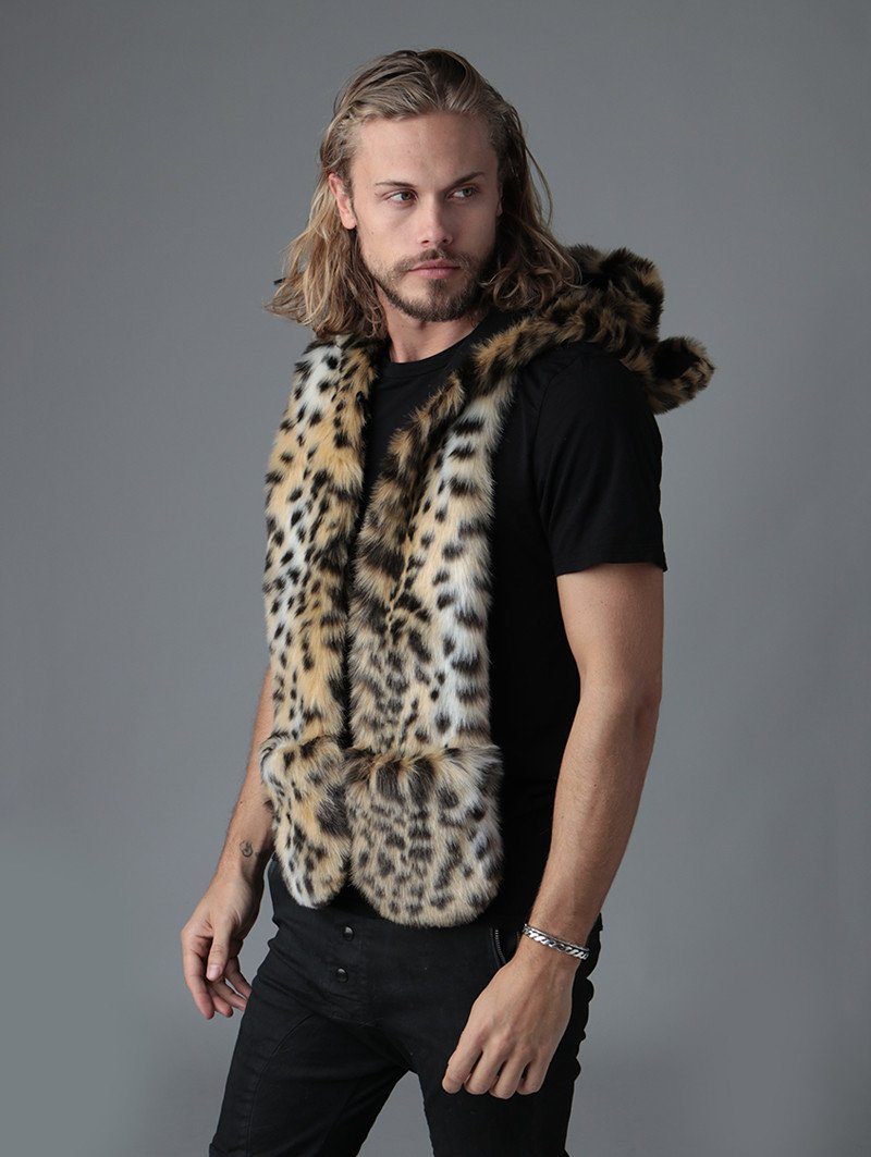 Man wearing faux fur Cheetah SpiritHood, side view 2