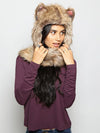 Woman wearing Coyote Italy Faux Fur SpiritHood, front view 2