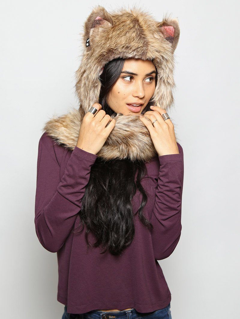 Woman wearing Coyote Italy Faux Fur SpiritHood, front view 2