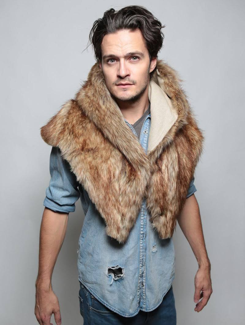 Man wearing Faux Fur Coyote Shawl, front view