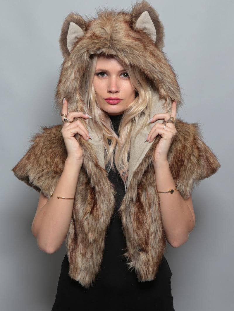 Woman wearing Faux Fur Coyote Shawl