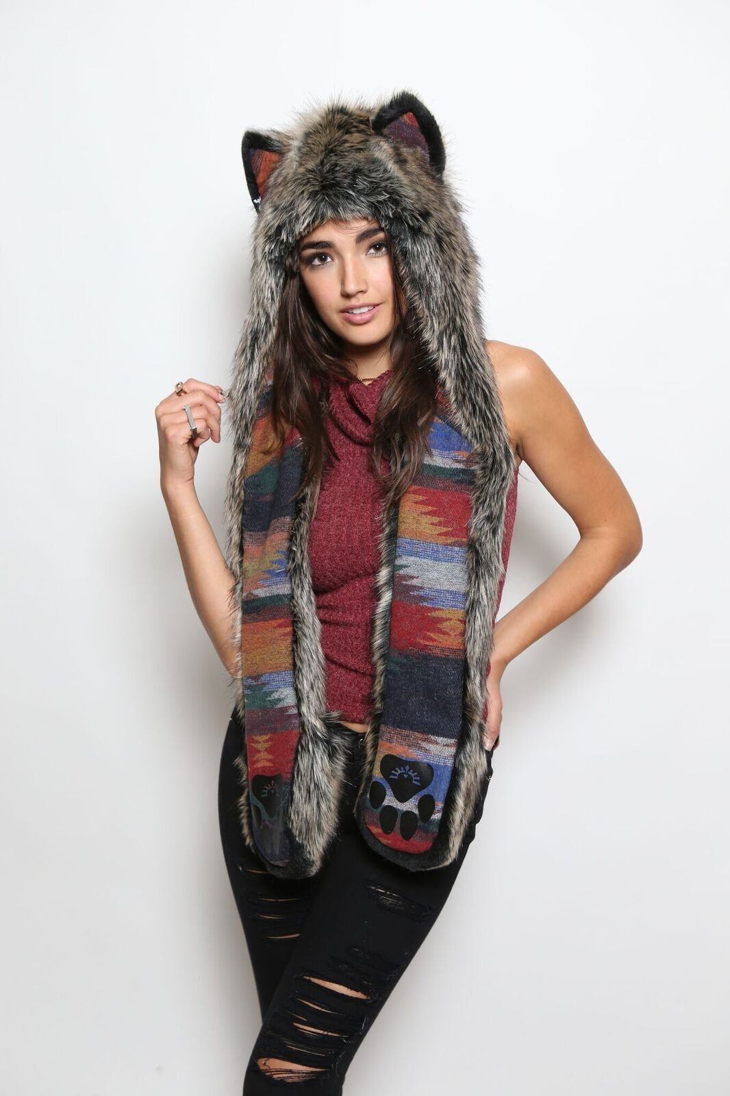 Woman wearing faux fur Direwolf Italy Spirithood, front view 