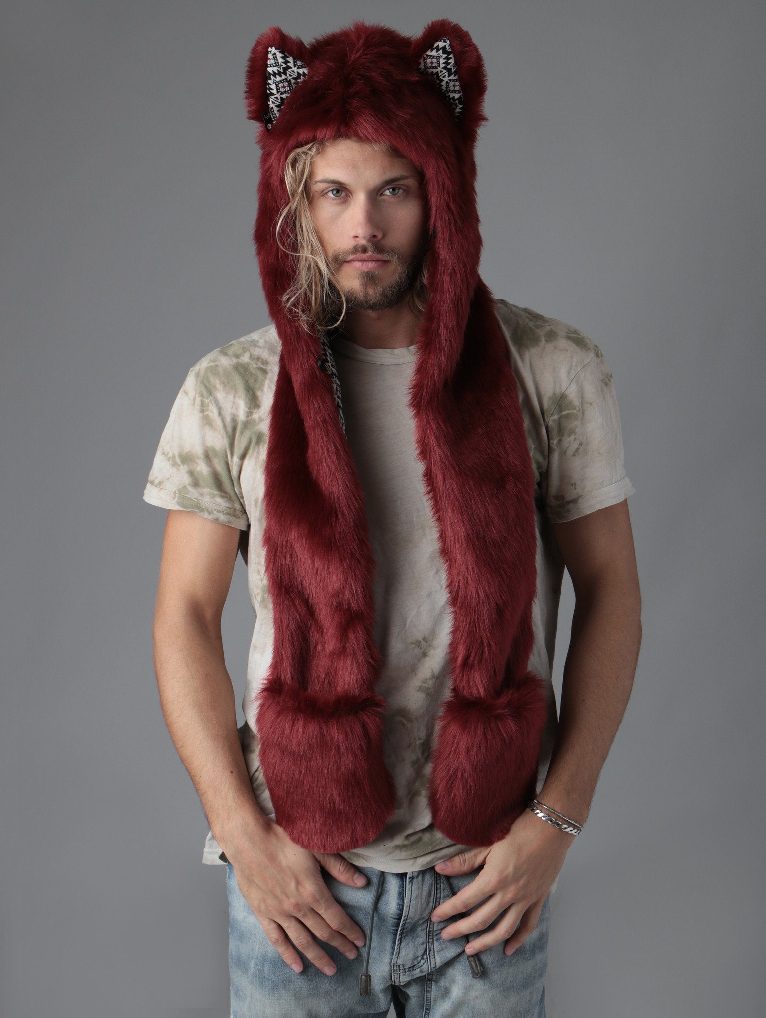 Man wearing Fire Wolf CE Faux Fur SpiritHood, front view 1