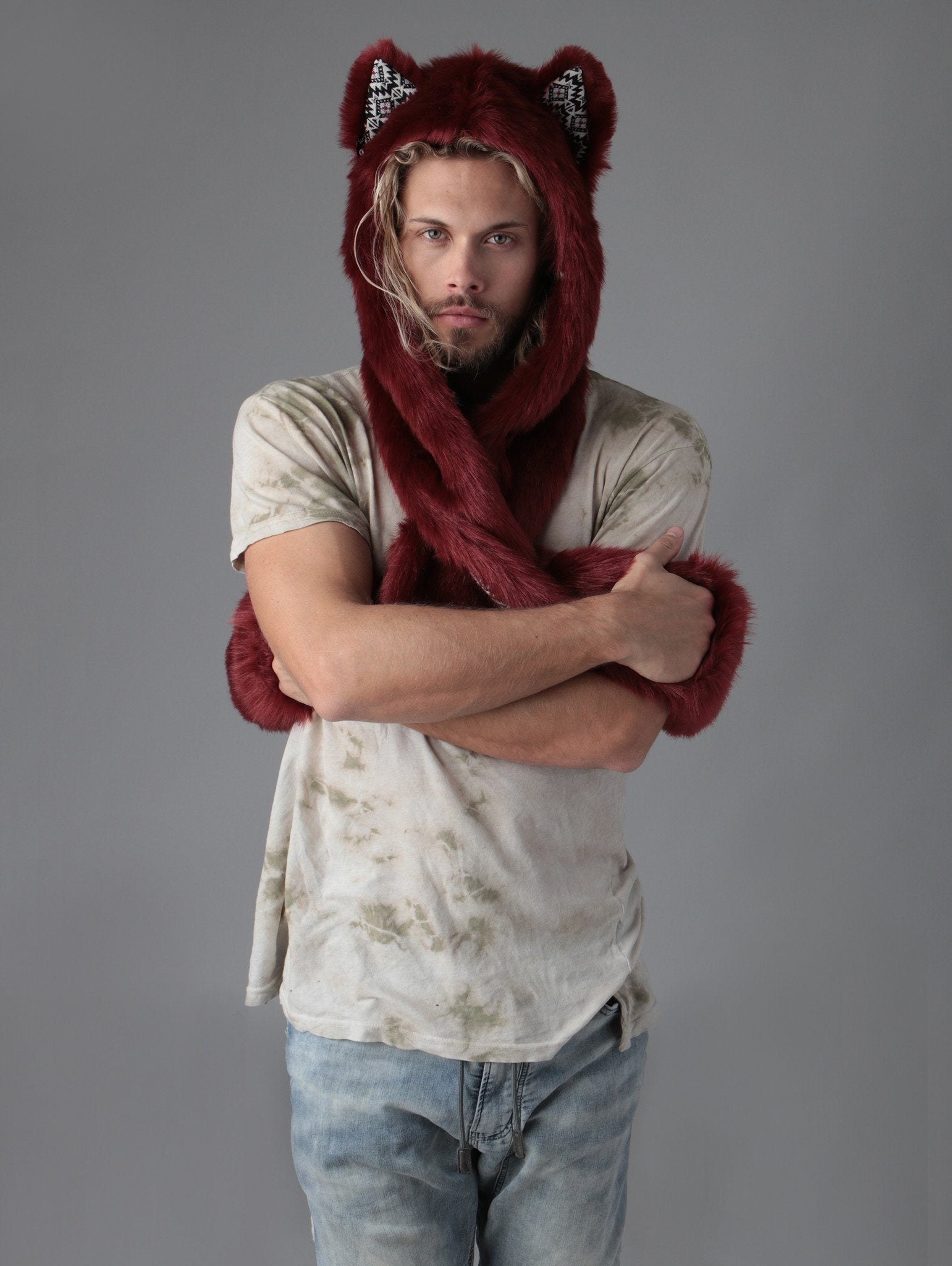 Man wearing Fire Wolf CE Faux Fur SpiritHood, front view 2