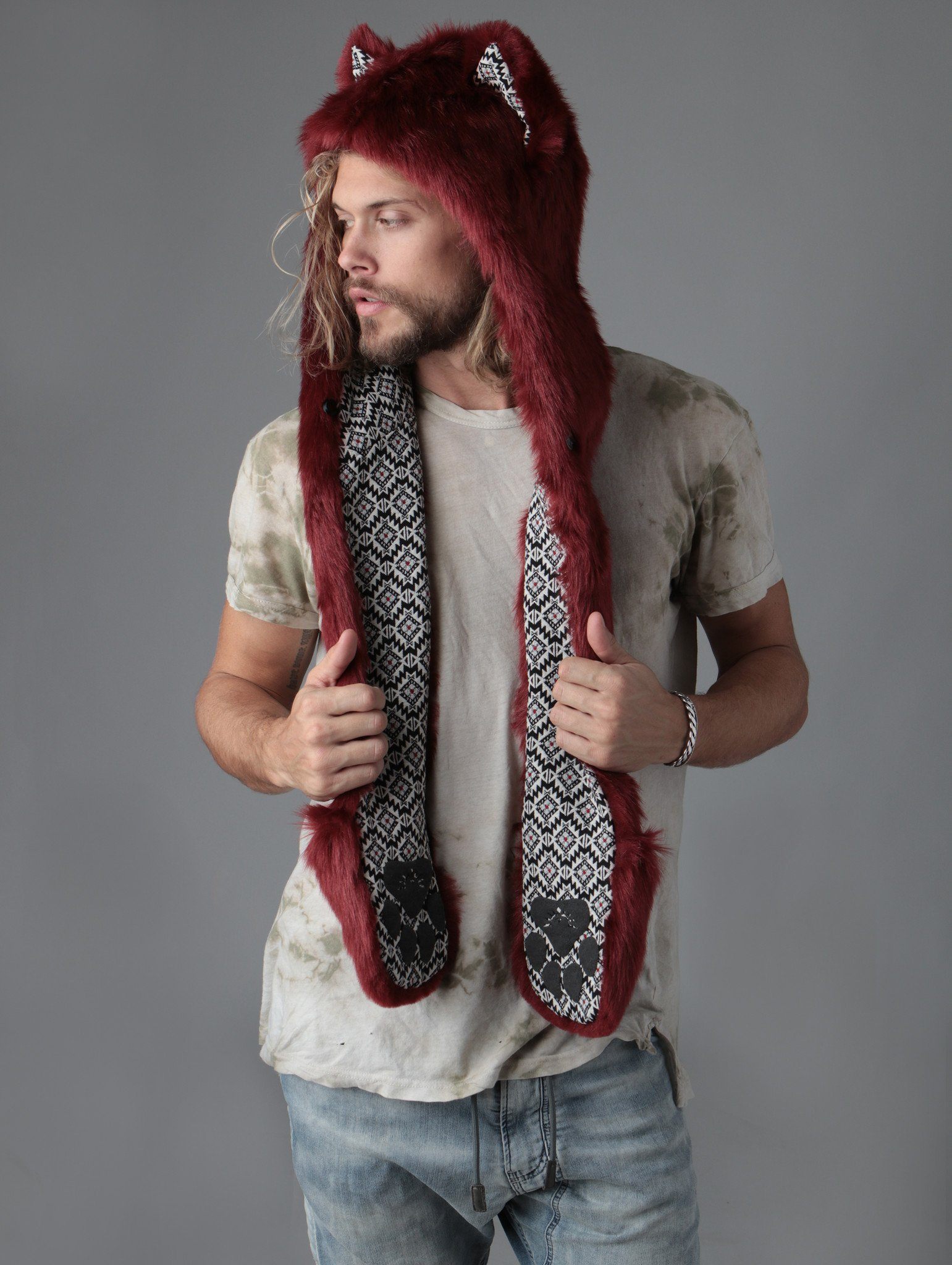 Man wearing Fire Wolf CE Faux Fur SpiritHood, side view 1