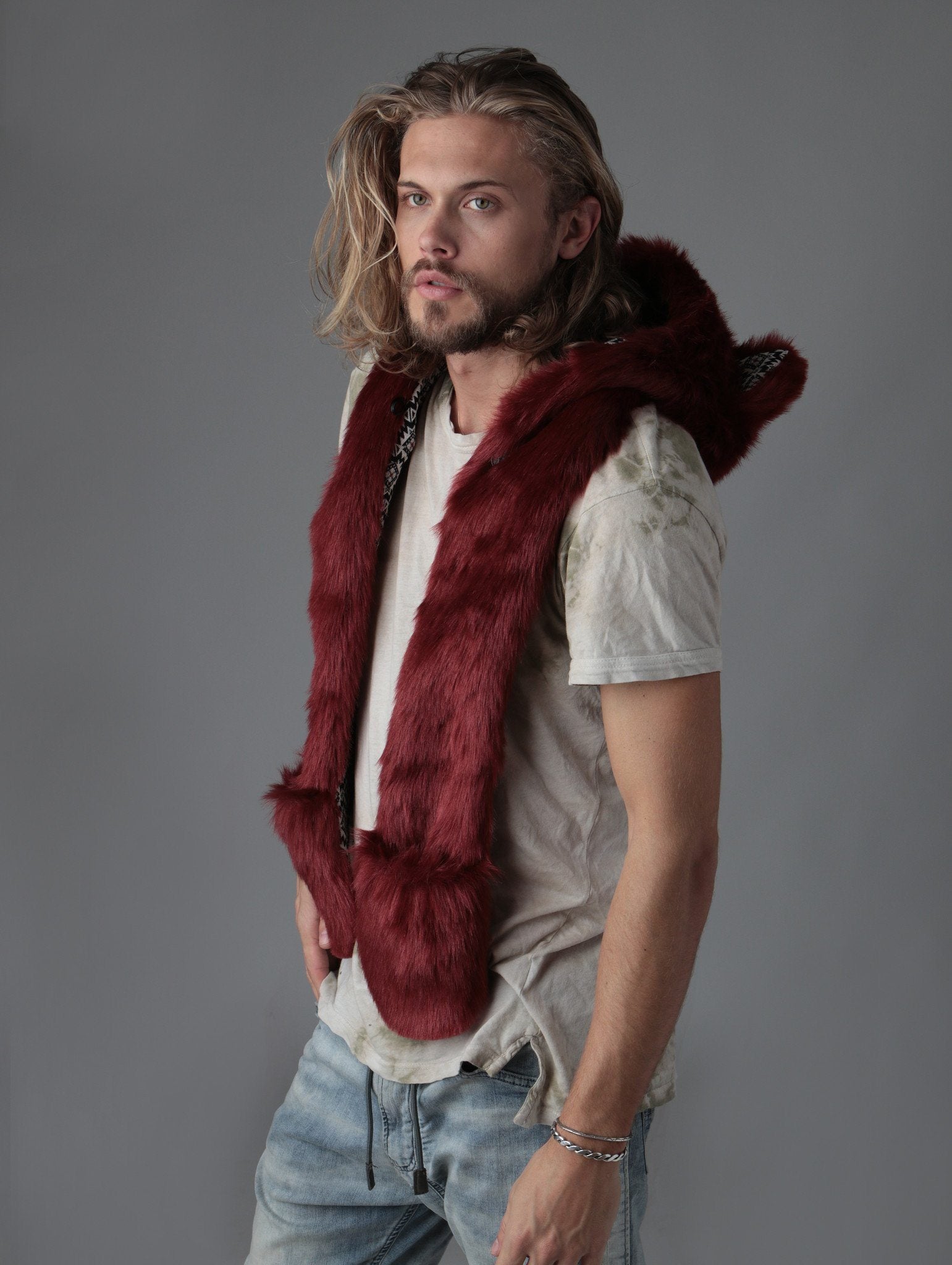 Man wearing Fire Wolf CE Faux Fur SpiritHood, side view 2