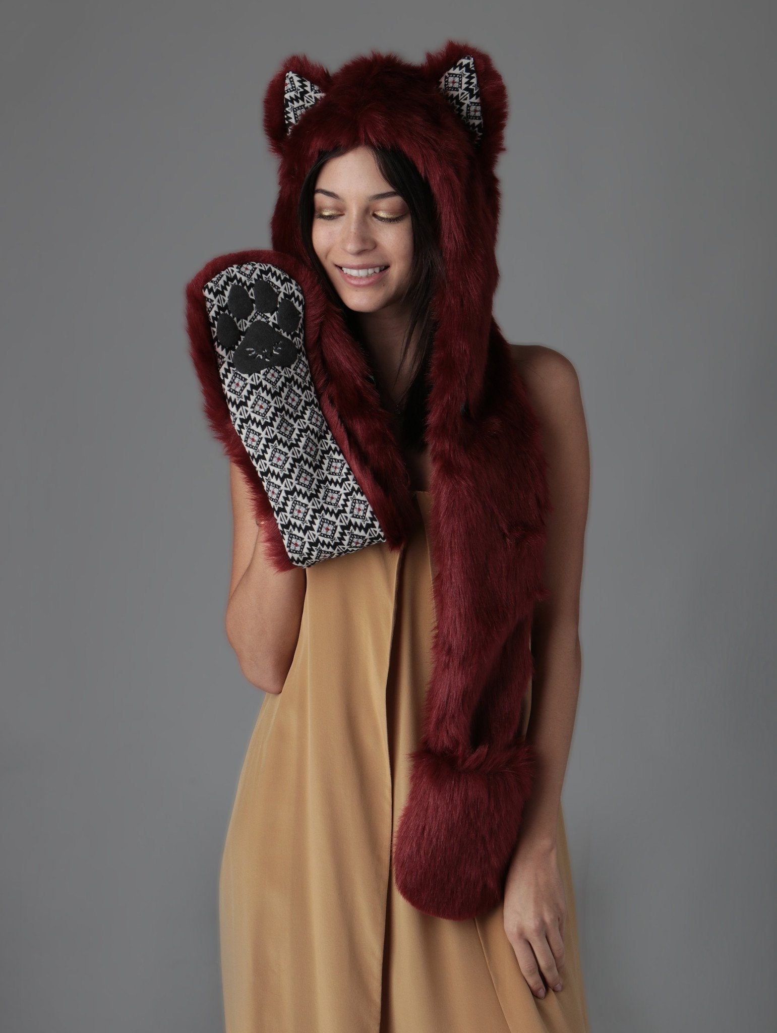 Woman wearing faux fur Fire Wolf CE SpiritHood, front view 1