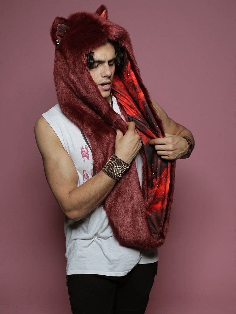 Man wearing faux fur Fire Galaxy Wolf Infinity SpiritHood