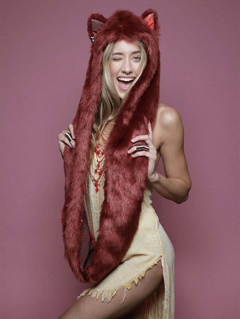 Woman wearing faux fur Fire Galaxy Wolf Infinity SpiritHood