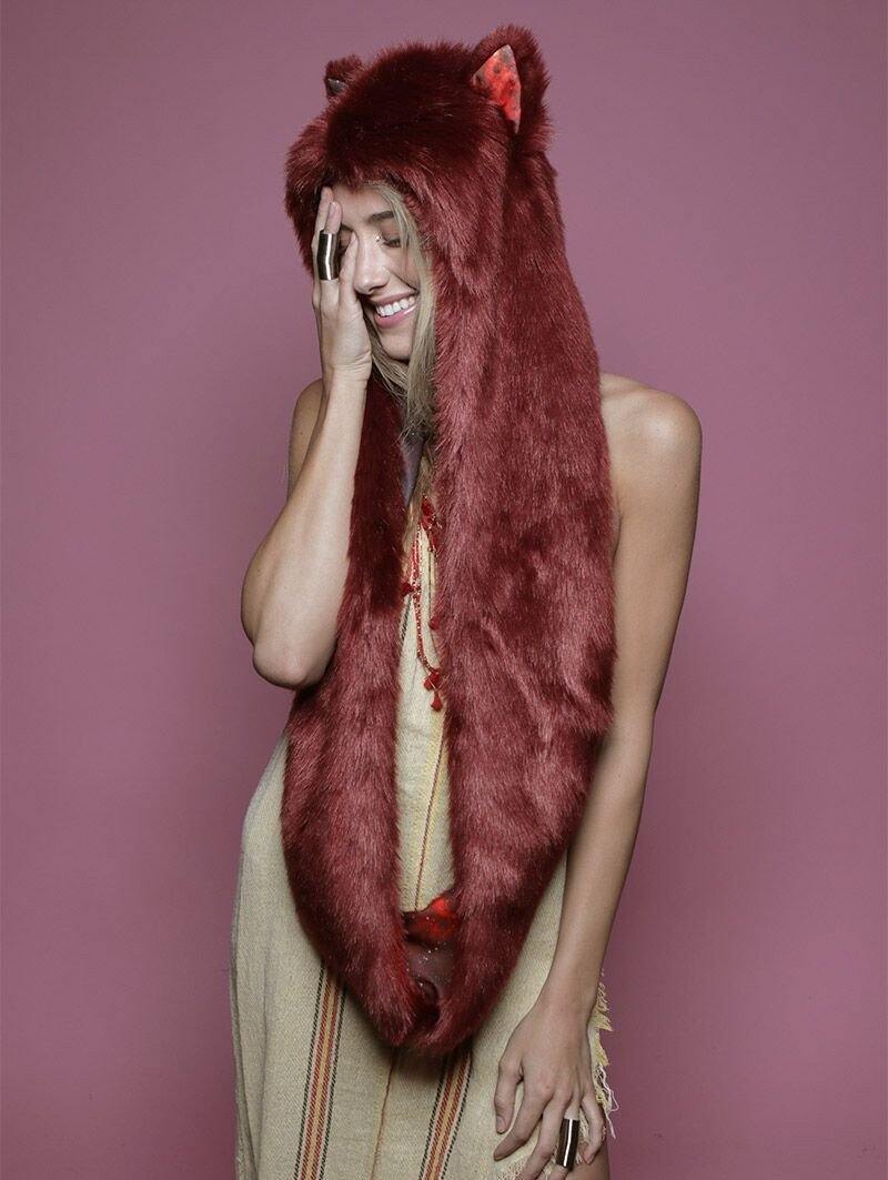 Woman wearing faux fur Fire Galaxy Wolf Infinity SpiritHood, front view 1