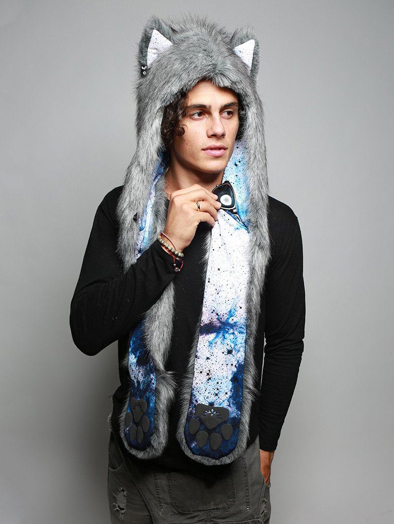 Man wearing faux fur Frosted Inverse Galaxy Fox Collector SpiritHood, front view 2