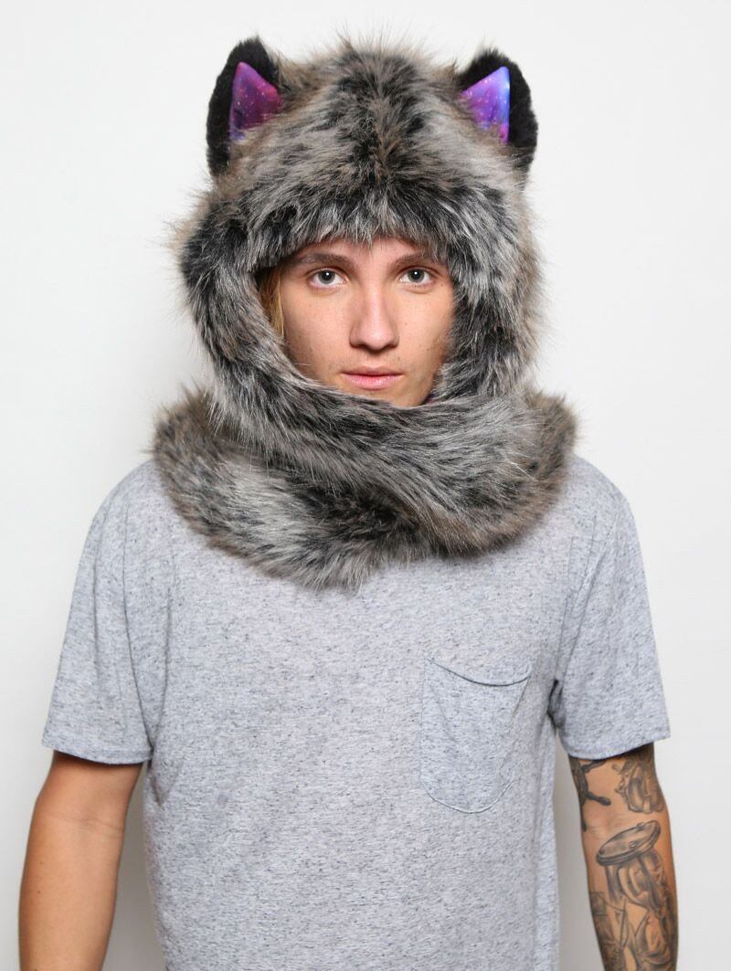 Man wearing faux fur Black Milk Galaxy Wolf Collectors Edition SpiritHood, front view