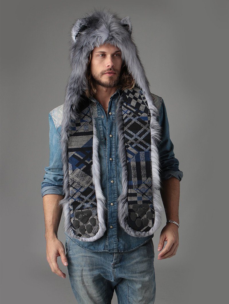 Man wearing faux fur Grey Fox Collector Edition SpiritHood
