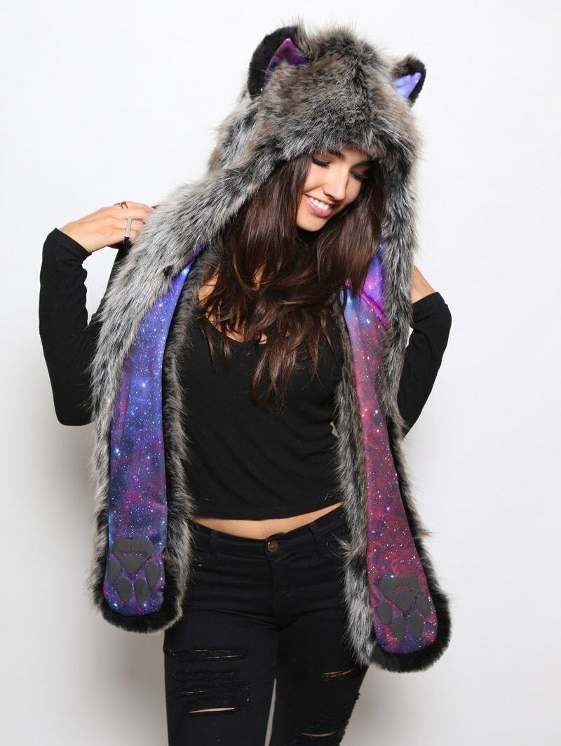 Female Wearing Black Milk Galaxy Wolf Faux Fur SpiritHood 