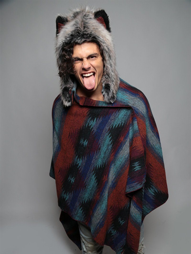 Man wearing Moon Cape + Faux Fur Grey Wolf 1/2 Hood