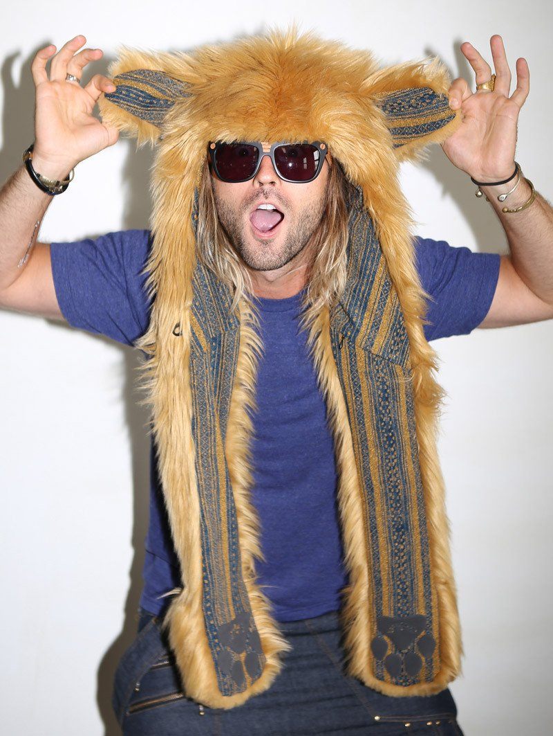 Man wearing faux fur Golden Retriever Collectors Edition SpiritHood, front view