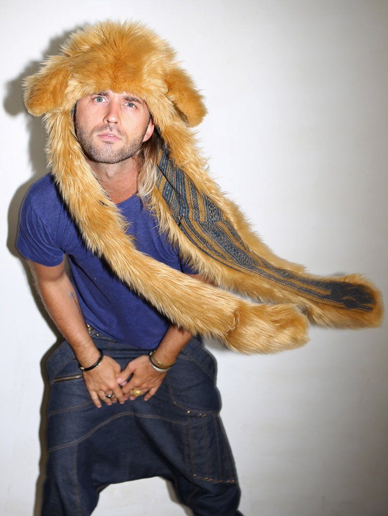 Man wearing faux fur Golden Retriever Collectors Edition SpiritHood, front view 1