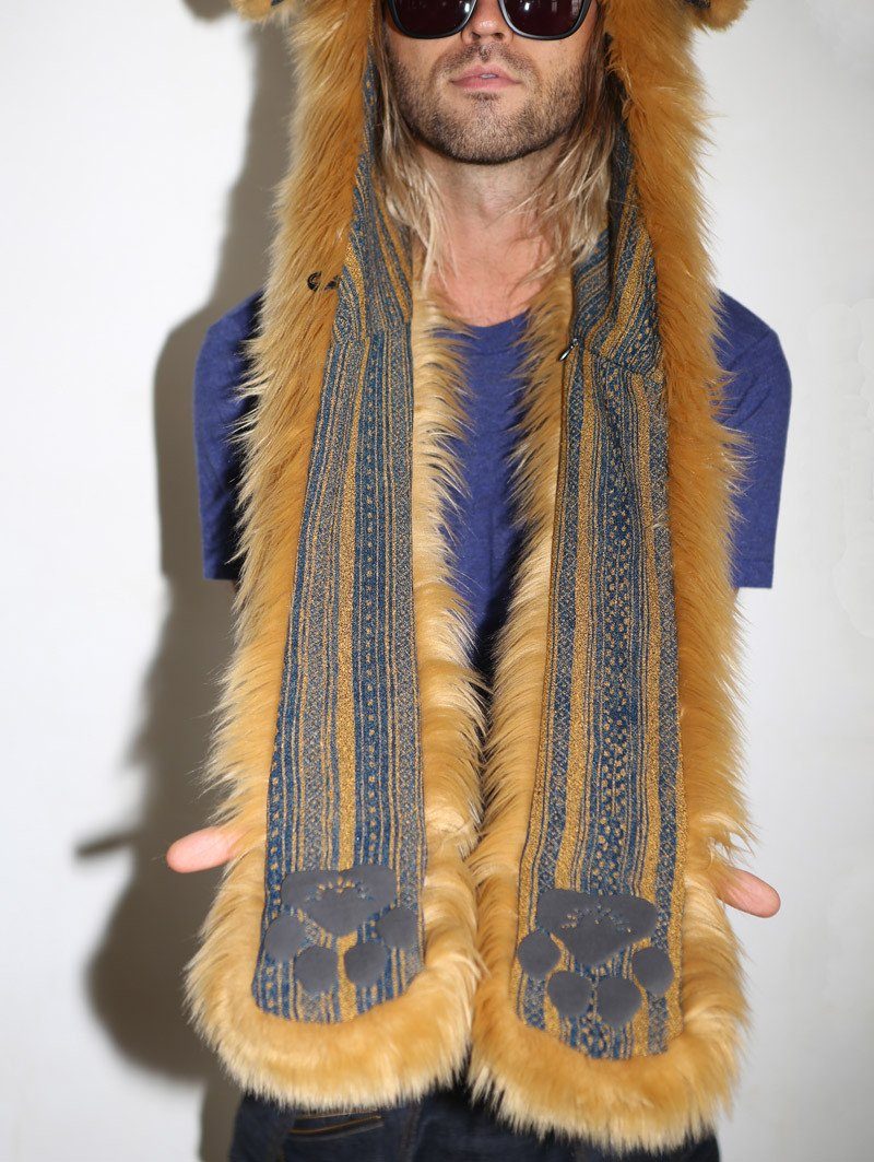 Man wearing faux fur Golden Retriever Collectors Edition SpiritHood, front view 3