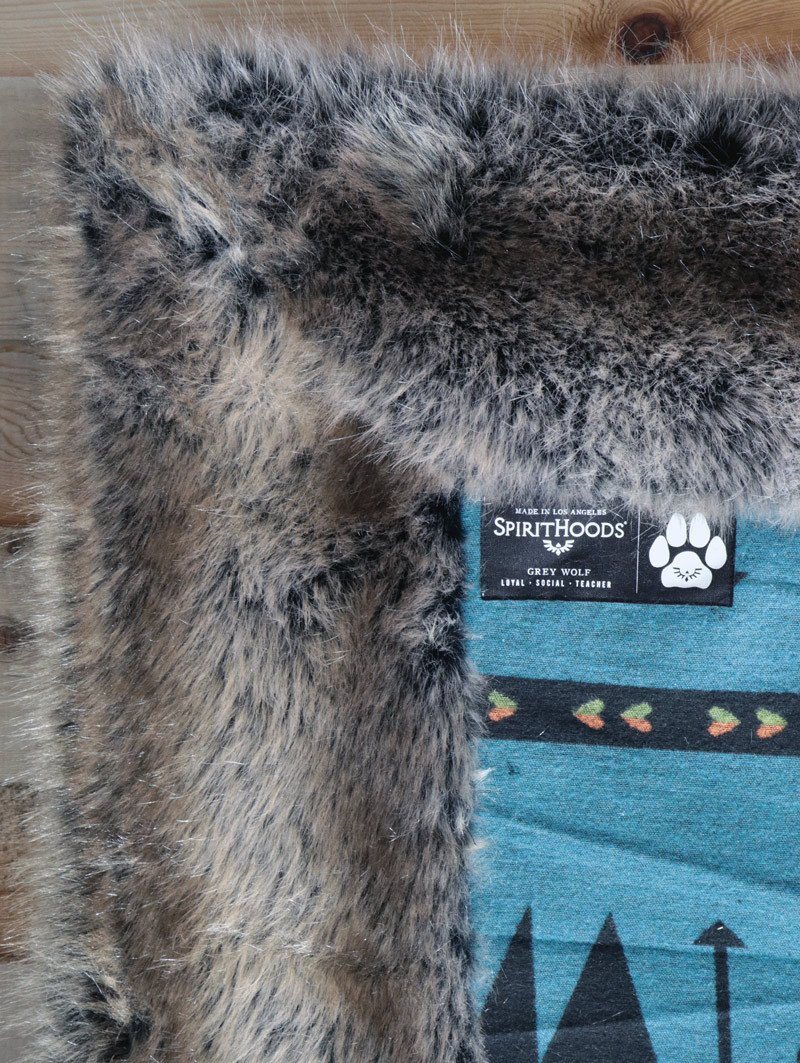 SpiritHoods top Grey Wolf Faux Fur throw