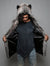 Man wearing faux fur Grey Wolf Vest SpiritHood, front view 1