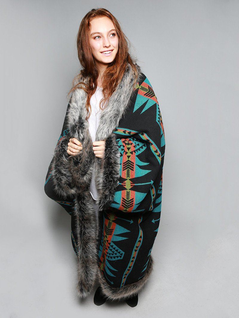 Woman wearing faux fur Grey Wolf Reverse Throw, side view 1