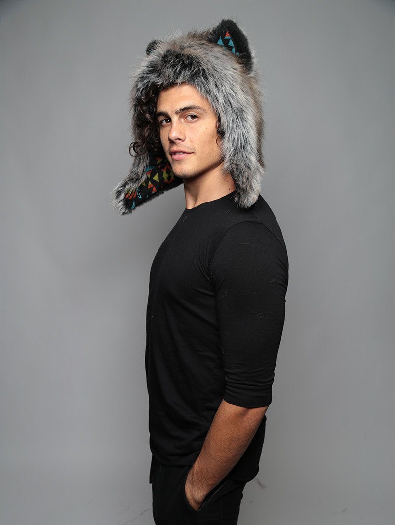 Man wearing faux fur Grey Wolf Half Hood, side view