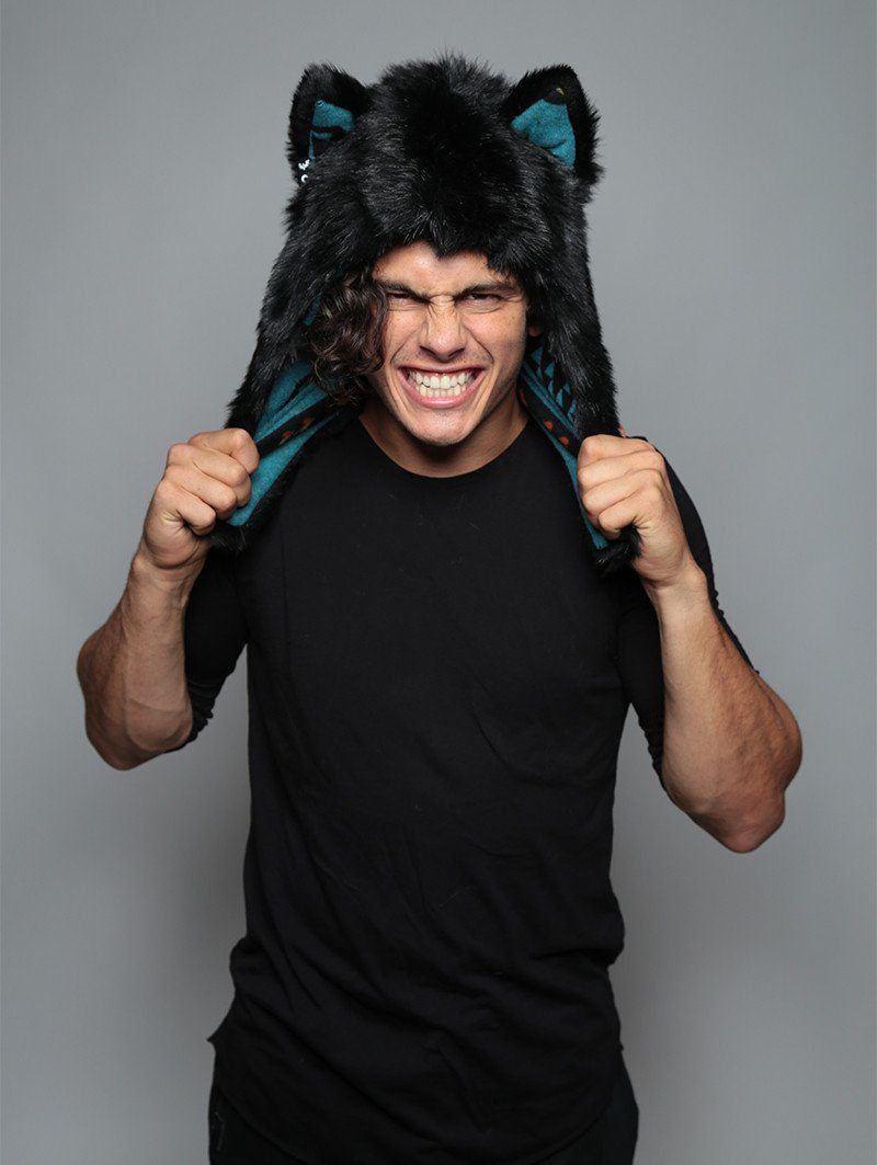 Man wearing Black Wolf Faux Fur Half Hood, front view 1