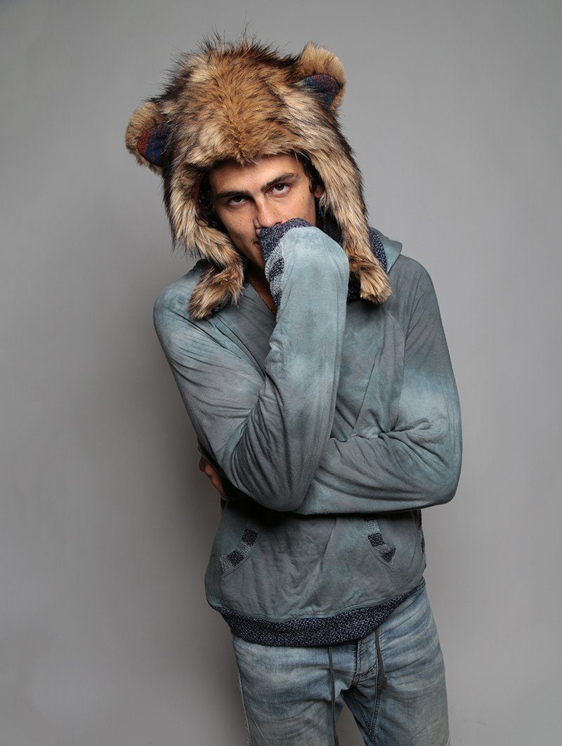 Man wearing faux fur Kodiak Italy 1/2 SpiritHood, front view 1