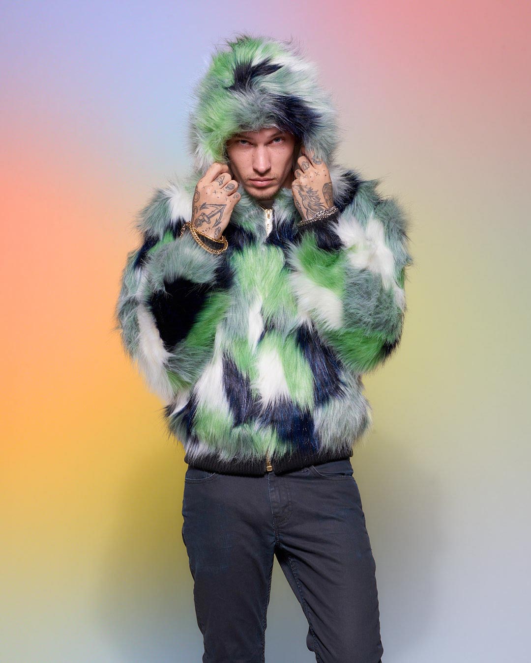 Man wearing Emerald Hummingbird Hooded Faux Fur Bomber Jacket