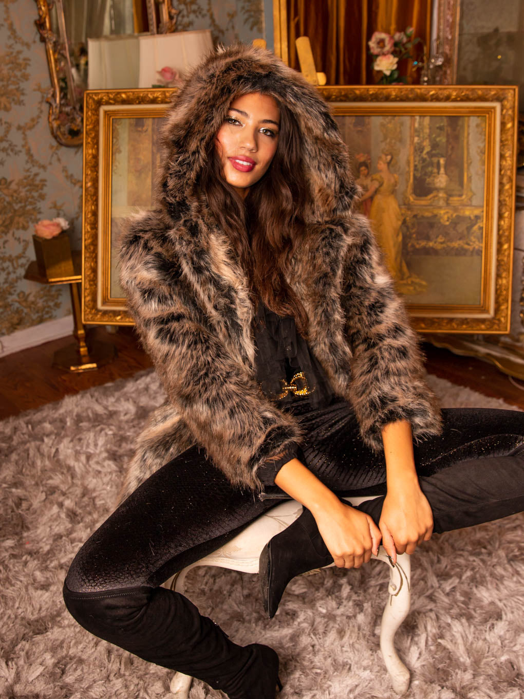 Grey Wolf Faux Fur Women's Coat with Hood