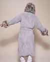 Man wearing Hooded Wolverine Faux Fur House Robe, back view