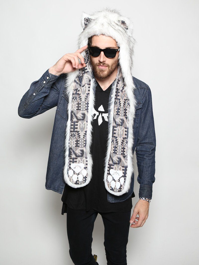 Man wearing faux fur Husky SpiritHood, front view 2