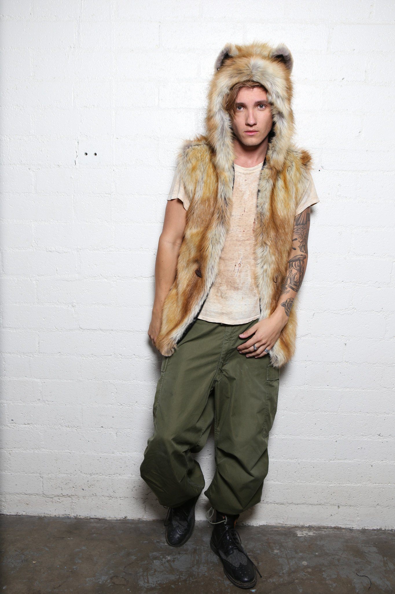 Man wearing faux fur Red Fox Vest, front view