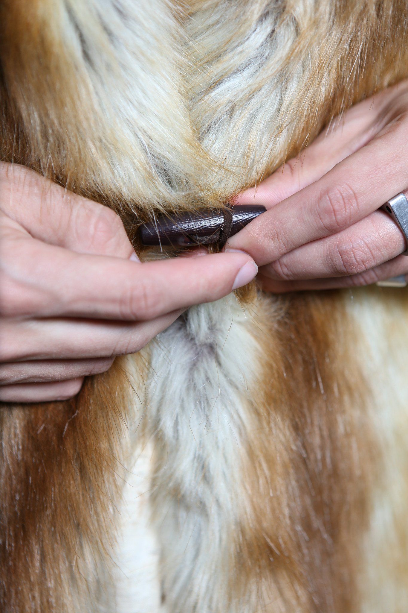 Man wearing faux fur Red Fox Vest, front view 2