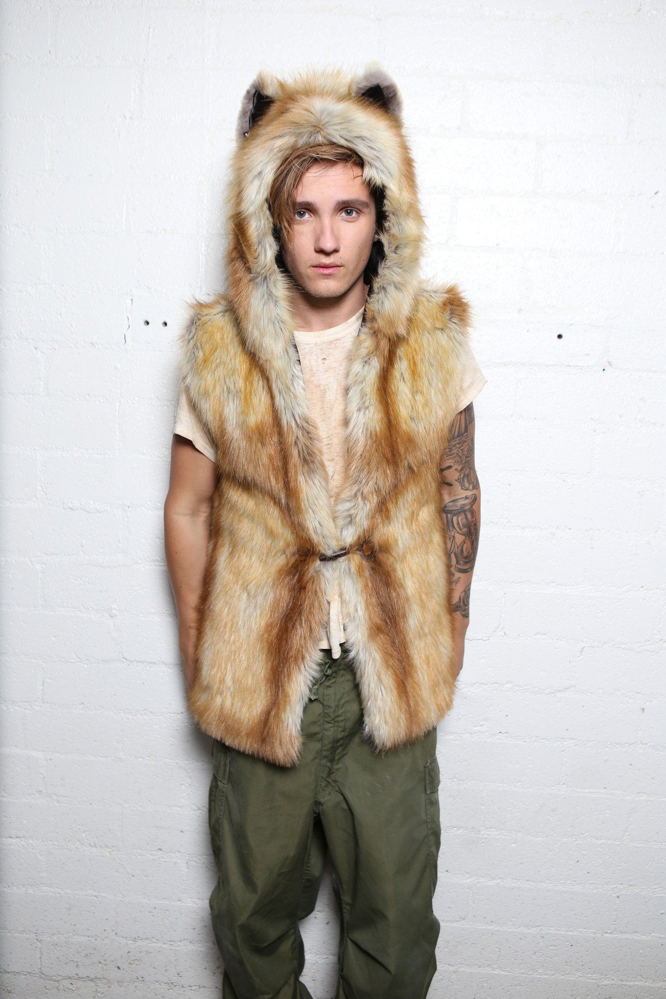 Man wearing faux fur Red Fox Vest, front view 3