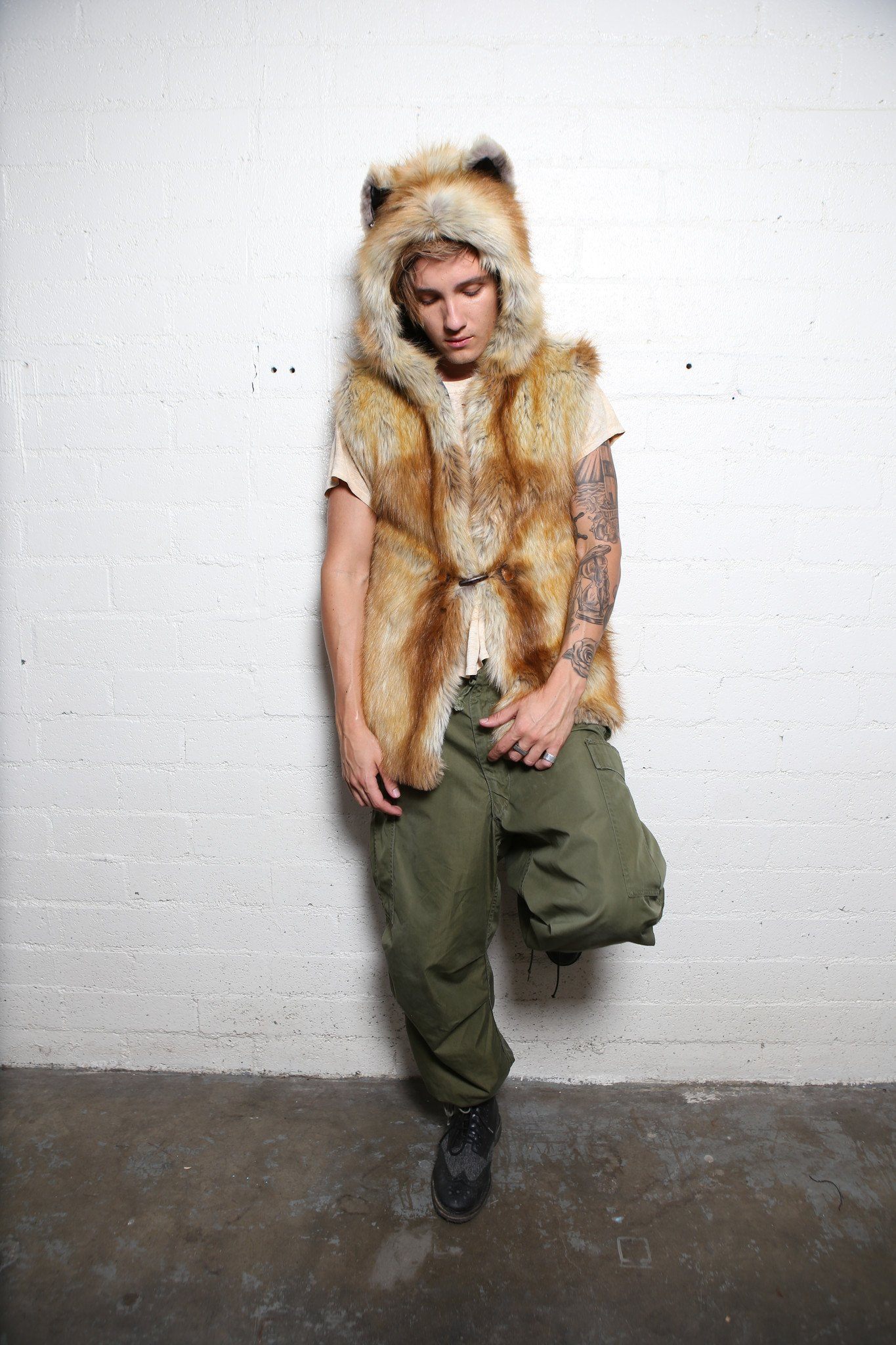 Man wearing faux fur Red Fox Vest, front view 4