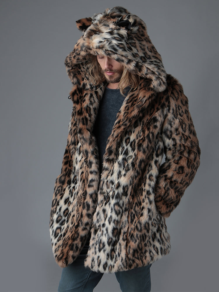 SpiritHoods® Luxe Faux Fur Mens Coat With Hood & Ears Classic Leopard