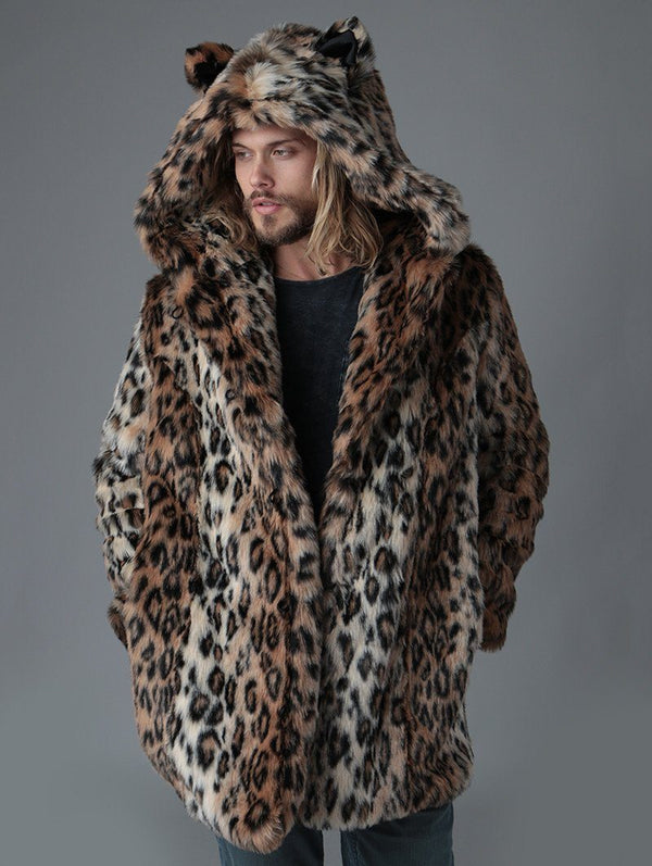 SpiritHoods Men's Snow Leopard Long Faux Fur Coat