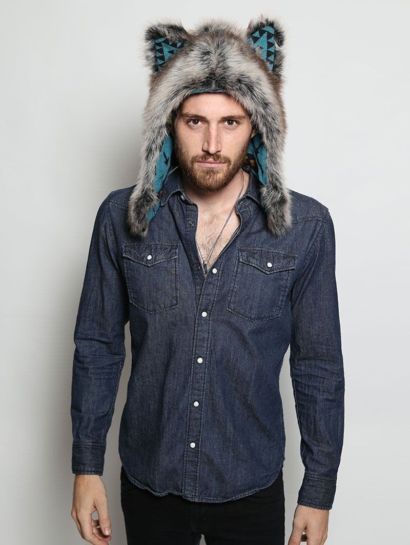 Man wearing faux fur Grey Wolf Half Hood, front view 1