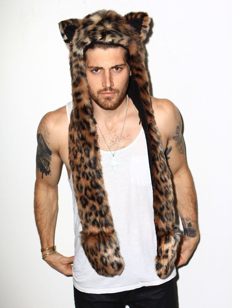 Man wearing Leopard Faux Fur SpiritHood, front view 1