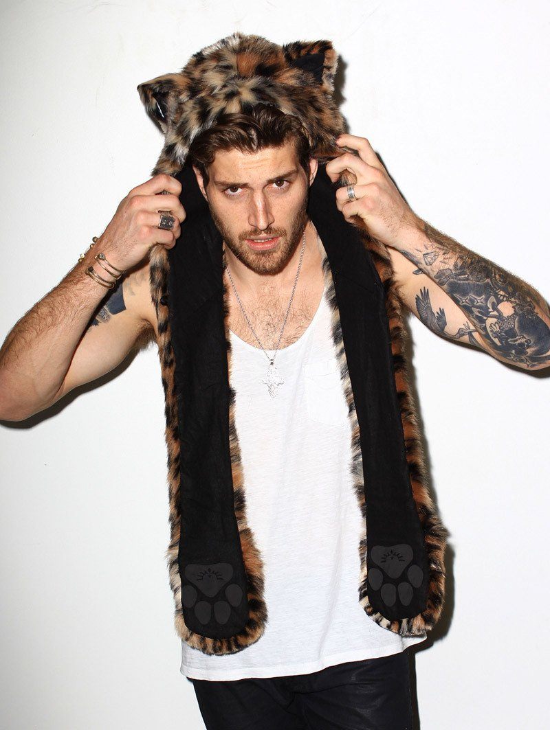 Man wearing Leopard Faux Fur SpiritHood, front view 4