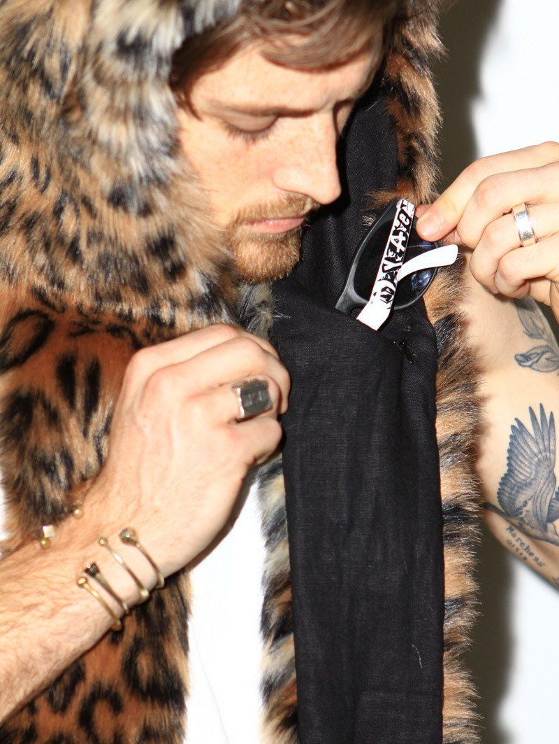 Man wearing Leopard Faux Fur SpiritHood, inside view 1