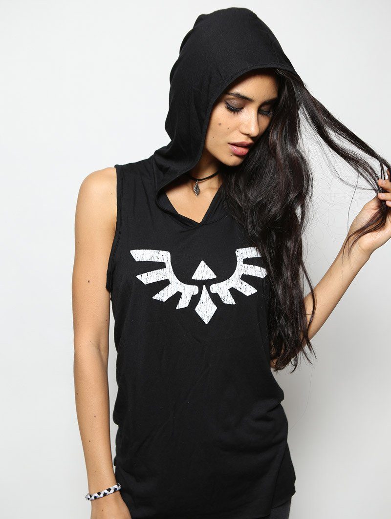 Woman Wearing Black Hooded Phoenix Tank