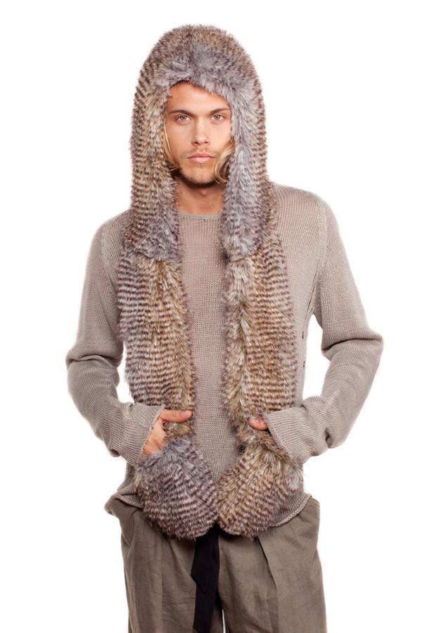 Man wearing faux fur Night Owl SpiritHood