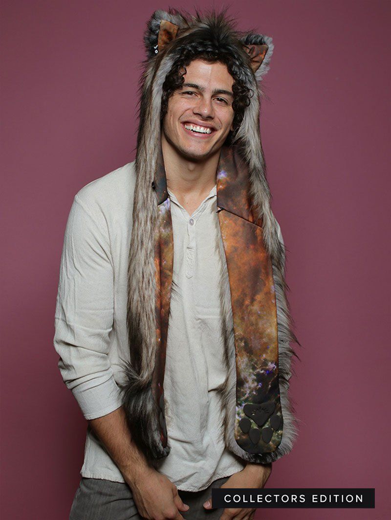 Man wearing faux fur Galaxy Northern Rocky Wild Cat CE SpiritHood