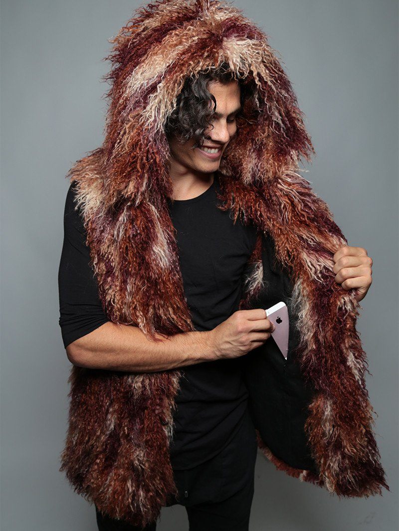 Man wearing Merlot Alpaca Faux Fur Vest, front view