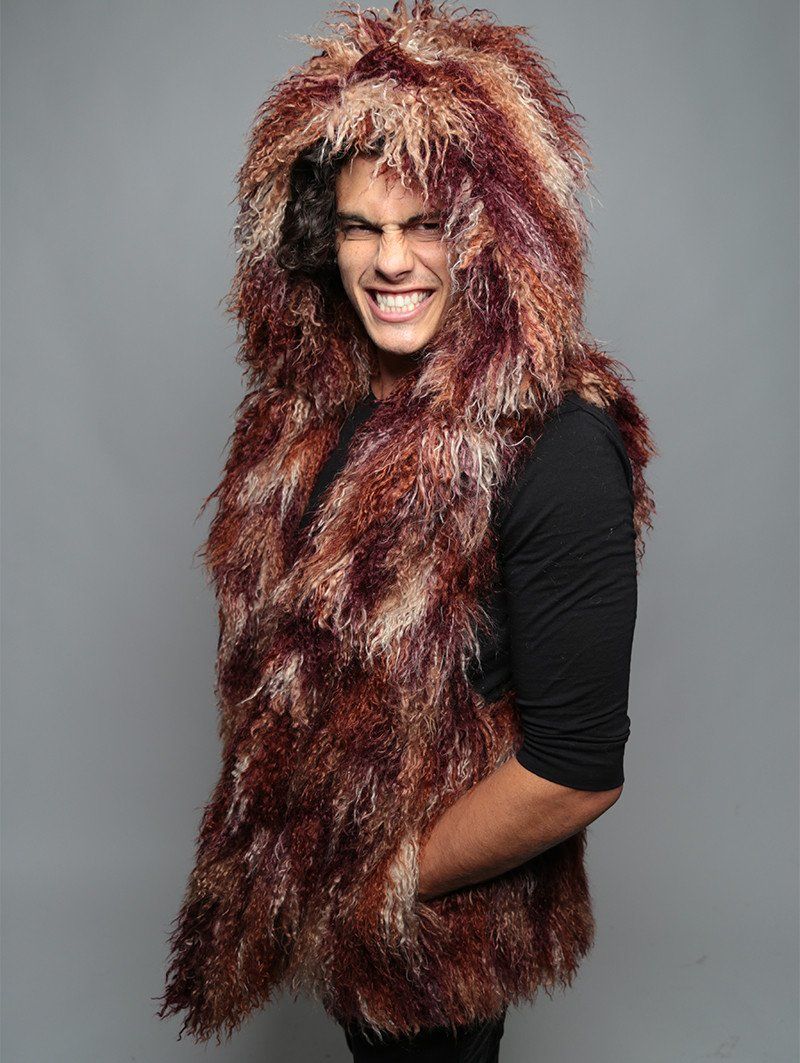 Man wearing Merlot Alpaca Faux Fur Vest, side view